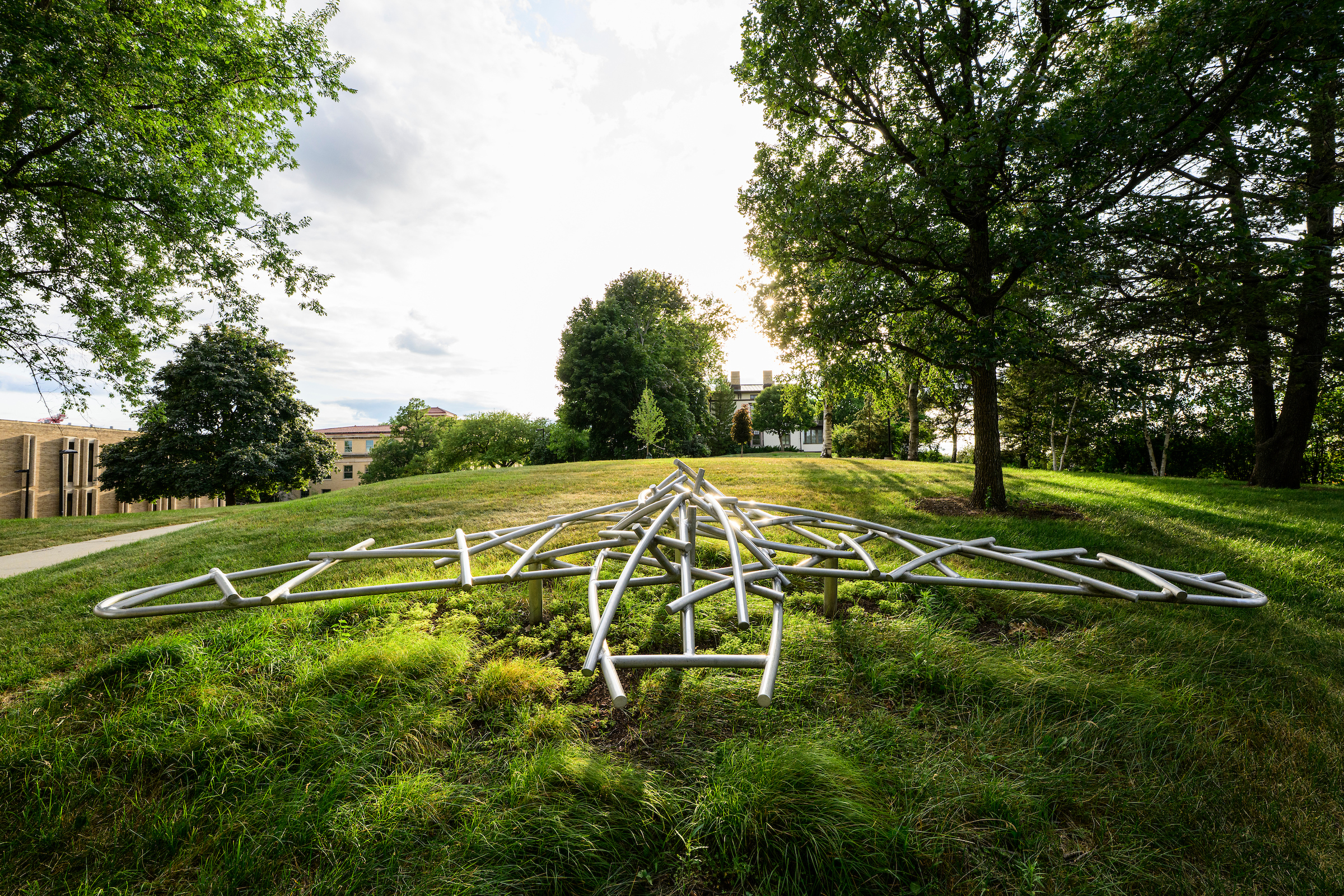 Art installation of metal bird on campus 