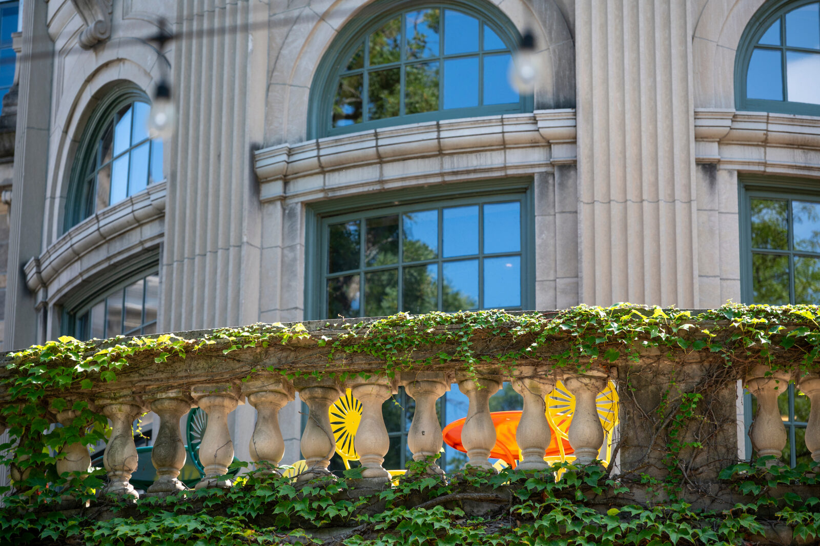 Ivy lined balcony on UW campus